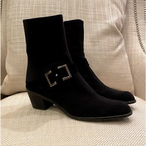 Stuart Weitzman Black Gore-Tex Low Heeled Boots w Silver Buckle /Womens 8 1/2 N
